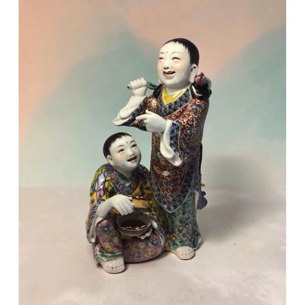 Vintage Chinese Porcelain Hehe Erxian Twins Of Harmony& Union Lotus Coins